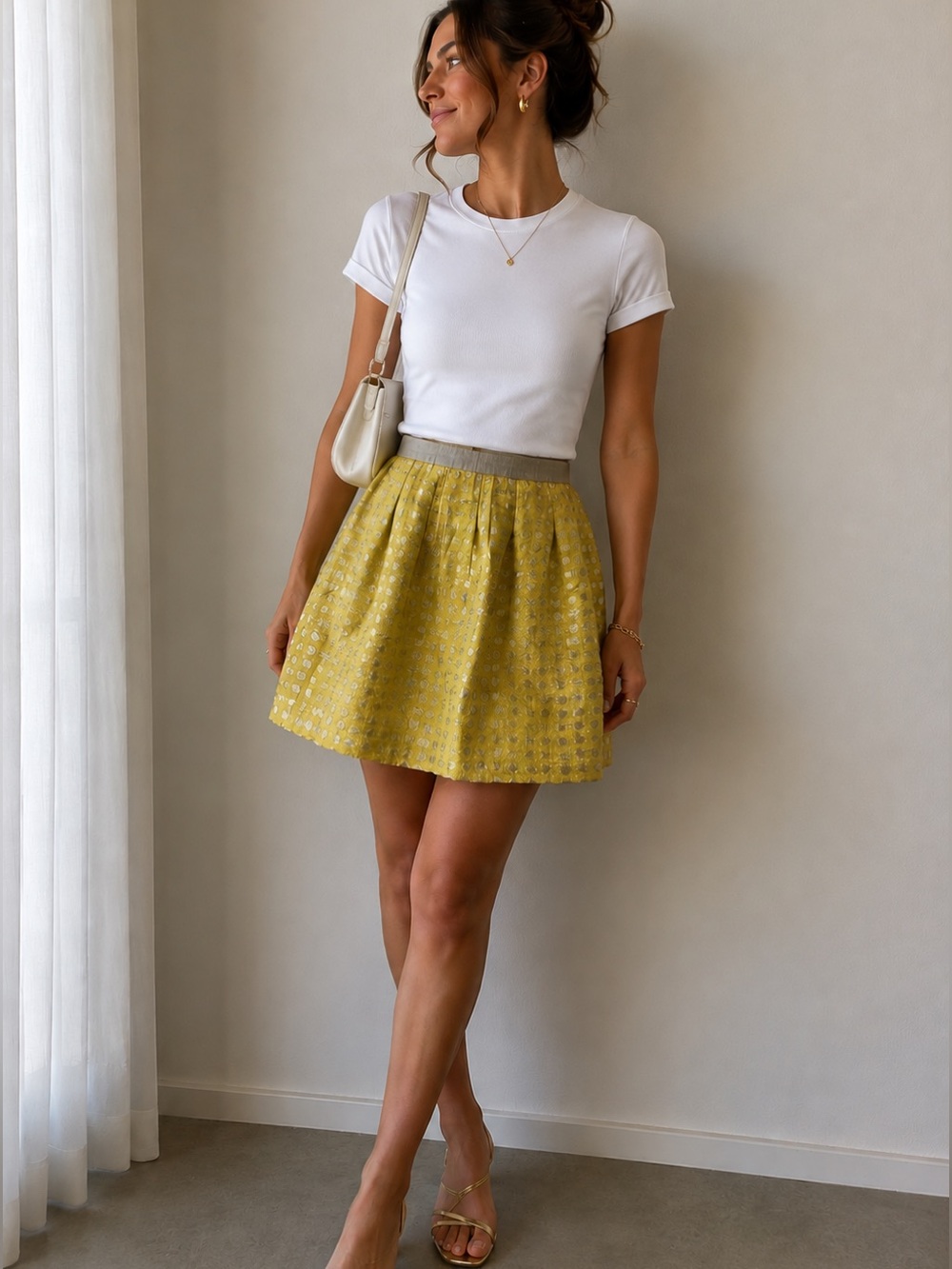 LOFT Yellow Gold Metallic Polka Dot Mini Skirt Size 4